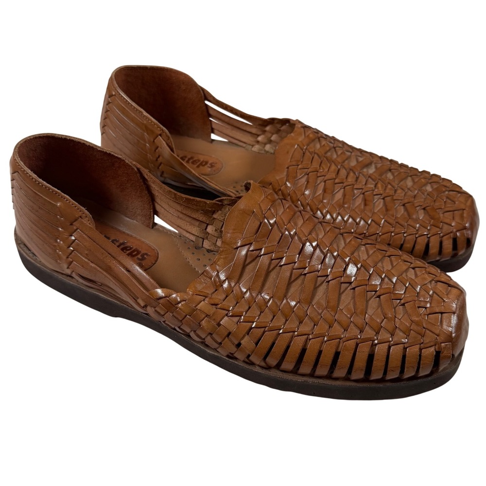 Sunsteps Brown Leather Huarache Sandals Hand Woven Slip On Flats Mens 12
